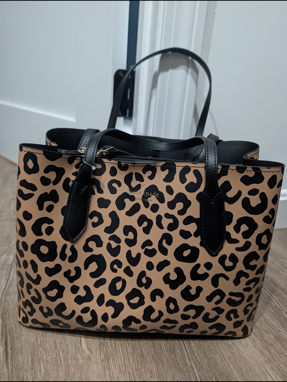 kate spade Leopard Print Leather Tote Purse - Black & Tan